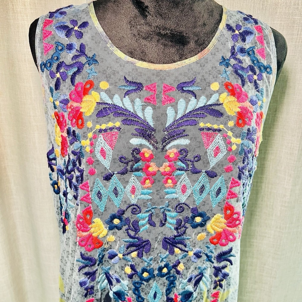 Johnny Was BIYA Rhandi Mesh Dress Floral Embroidered Sleeveless NO Slip Medium - Picture 9 of 10